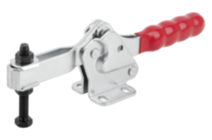 Toggle clamps horizontal with flat foot and adjustable clamping spindle